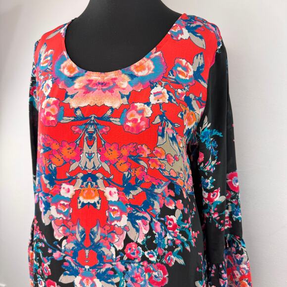 TOLANI Multi Tunic Blouse Silk Floral Scoop 3/4 Belle Sleeve Pullover Sz S Small - Picture 2 of 6